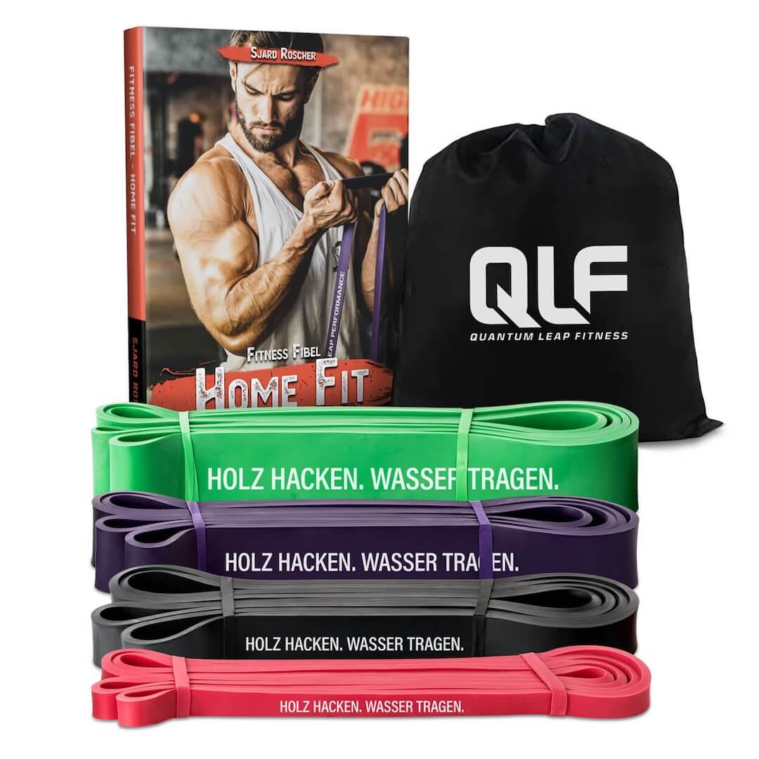 Das Widerstands-Bänder Set (+ Gratis Buch) enthält das Buch Home Fit, eine schwarze QLF-Kordeltasche und vier HOLZ HACKEN. WASSER TRAGEN. Widerstands-Bänder (grün, schwarz, lila & rot)-ideal für dein Trainingsprogramm zu Hause.