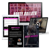 Ein digitales Mockup zeigt den Booty Builder, ein wissenschaftlich fundiertes Fitnessprogramm für Frauen, auf einem Laptop, einem Tablet und einem Arbeitsbuch - mit Bildern von Workout-Routinen für Frauen und effektiven Trainingsplänen.