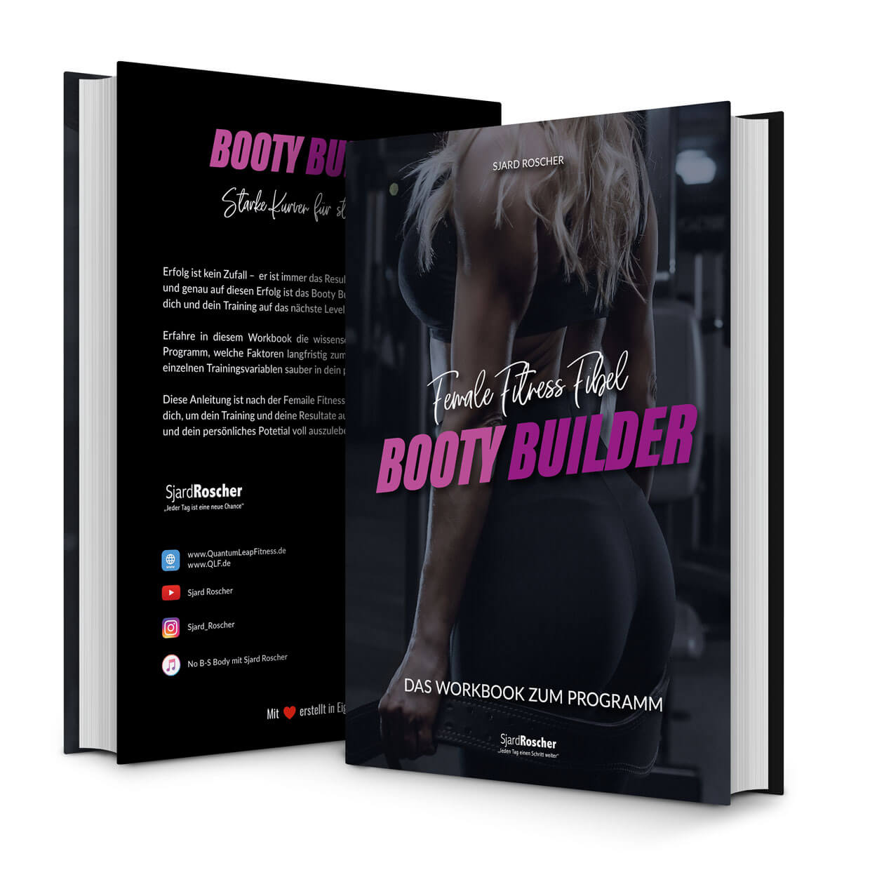 Es werden zwei Booty Builder Fitnessbücher gezeigt. Das Cover zeigt eine fitte Frau in Trainingskleidung von hinten, die ihre Gesäßmuskeln hervorhebt. Dieses wissenschaftliche Fitnessprogramm ist speziell für Frauen konzipiert und hat schwarze und lila Akzente.