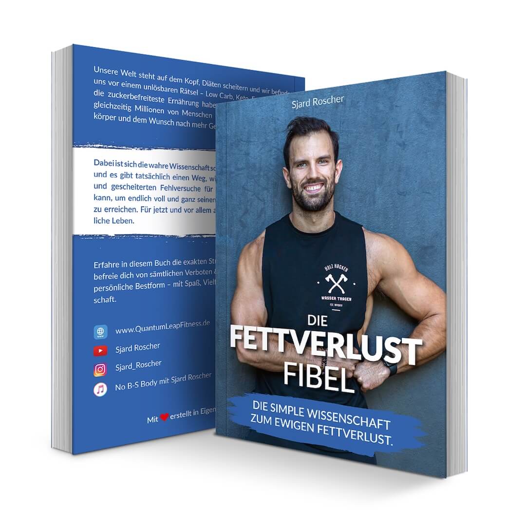 Das Bild zeigt zwei Exemplare der Fettverlust Fibel, auf deren Cover ein lächelnder, muskulöser Mann abgebildet ist. Das Buch präsentiert wissenschaftliche Strategien für Fettverlust und nachhaltige Bestform.