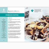 Eine deutsche Rezeptseite für Starbucks Muffins aus dem Fettverlust Fibel Backbuch, die links die Zutaten und Schritte für ein gesundes Dessert zeigt, und rechts ein Foto von drei Schokoladenmuffins mit Frischkäse von Protein-Kuchen und Proteinpulverbehältern.