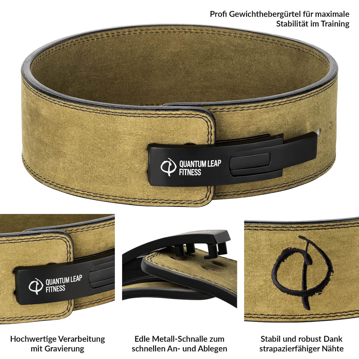 Der Gewichthebergürtel von Quantum Leap Fitness aus Wildleder verfügt über eine robuste Metallschnalle, verstärkte Nähte, ein eingraviertes Logo und einen deutschen Text, der Haltbarkeit und Qualität für Grundübungen betont. Abgebildet aus mehreren Blickwinkeln.