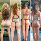Vier nebeneinander liegende Fotos zeigen eine Frau von hinten, die ihre Körperveränderung mit Booty Builder, einem Fitnessprogramm für Frauen, in verschiedenen Fitnessstudios oder beim Training zu Hause dokumentiert.