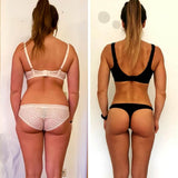 Die nebeneinander angeordneten Fotos des Rückens einer Frau zeigen die sichtbare Veränderung - und damit die Wirkung von Booty Builder, einem wissenschaftlich entwickelten Fitnessprogramm für Frauen, das zu einem schlankeren, strafferen Aussehen verhilft.