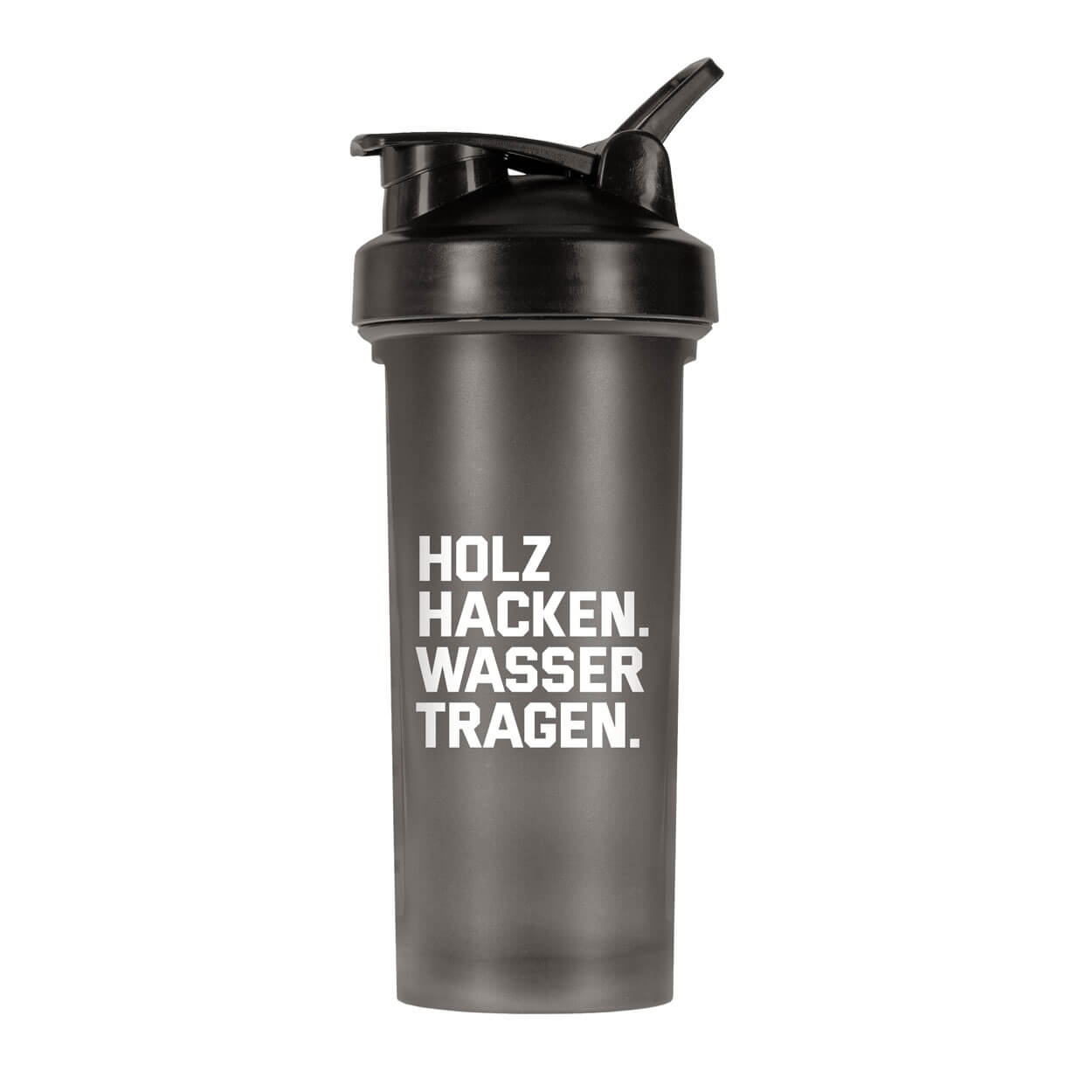 Der Premium Shaker ist eine schwarze Flasche mit Flip-Top-Deckel und fetter weißer vertikaler Schrift: HOLZ HACKEN. WASSER TRAGEN. - perfekt für jede Gelegenheit.