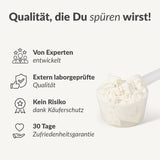 Eine transparente Schaufel mit weißem Pulver sitzt neben vier Symbolen und einem deutschen Text, der die Qualität betont. Backprotein inkl.. GRATIS Kochbuch-experimentell entwickelt, laborgeprüft, risikofrei mit 30 Tagen Zufriedenheitsgarantie, ideal für Fettverlust oder Backrezepte.