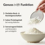 Eine Hand siebt weißes Pulver in eine Schale. Auf der linken Seite: Backprotein inkl. GRATIS Kochbuch-perfekt zum Backen/Kochen, proteinreich und kalorienarm für den Fettverlust, leicht löslich und hoch verdaulich.
