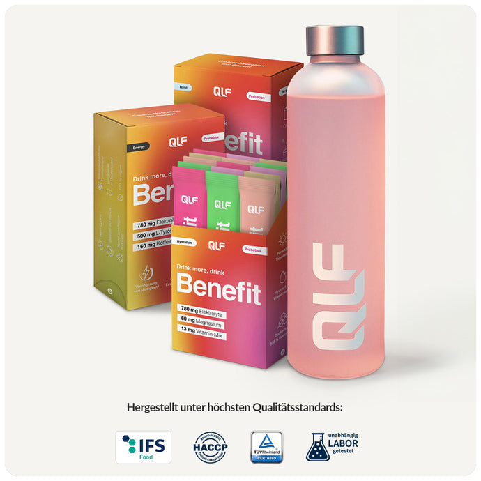 Pink drink bottle with QLF logo next to colorful boxes and sachets labeled Benefit on white background