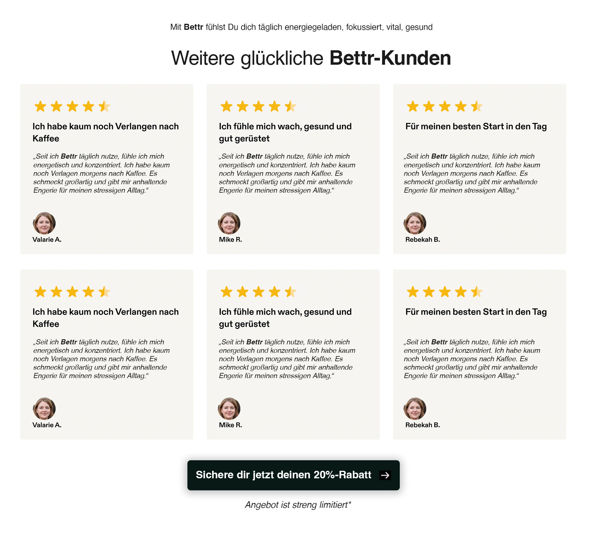 Six customer testimonials in German with five-star ratings and user photos arranged in two rows, plus a black discount button below.