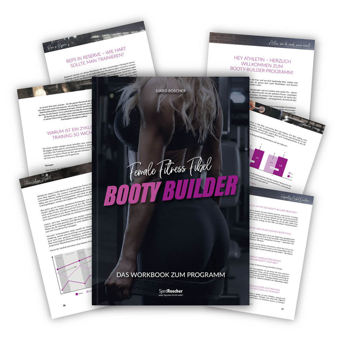 Booty Builder Workbook von Sjard Roscher mit weiblichem Fitnessprogramm, Frontcover und aufgeklappten Seiten, Galerieposition 1