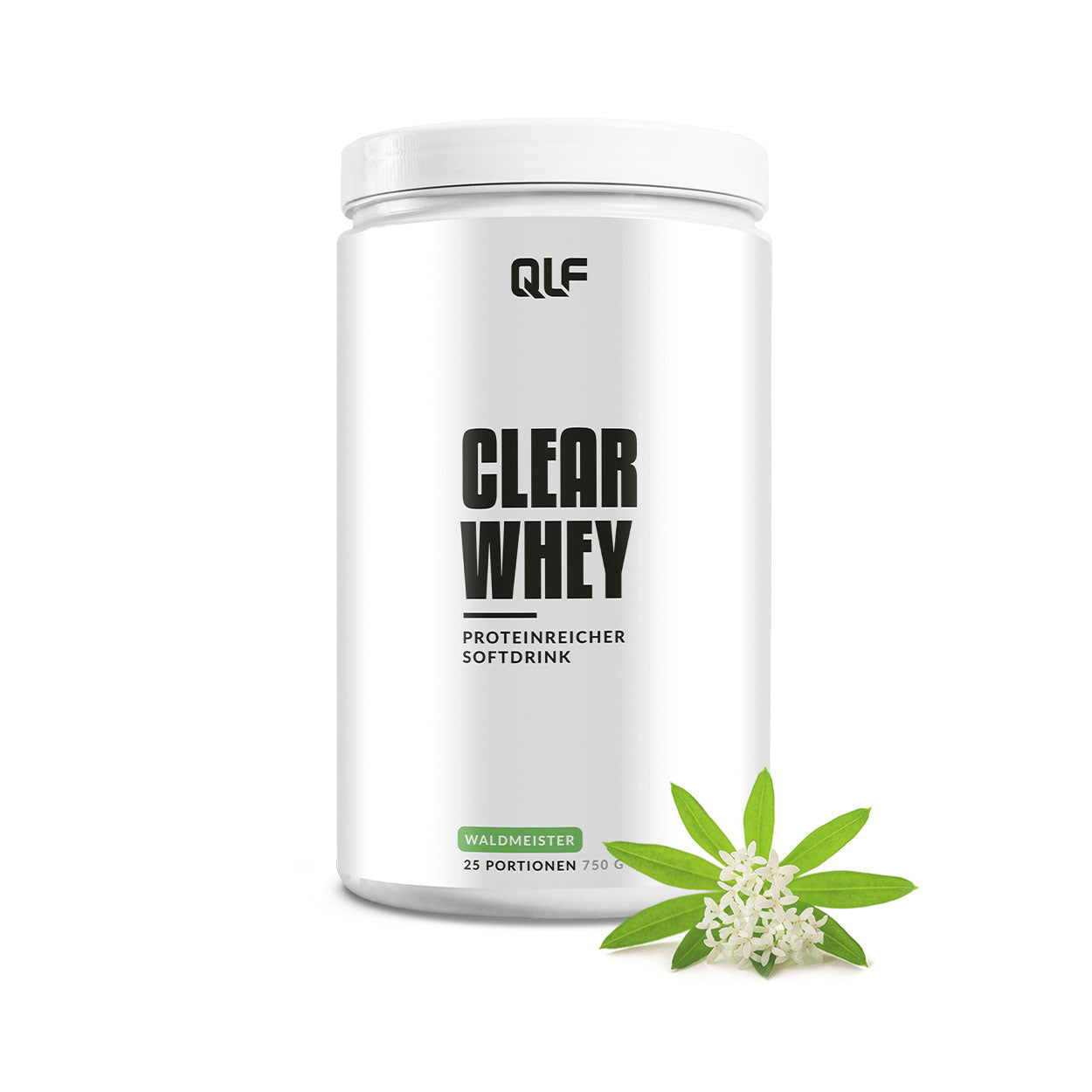 Weiße Dose mit der Aufschrift Clear Whey Proteinreicher Softdrink und grünem Blütenzweig auf weißem Hintergrund