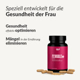 Abgebildet ist eine schwarze Female+-Dose mit einem rosa Etikett und Kapseln daneben. Der deutsche Text hebt die Unterstützung des Fettstoffwechsels, gesunde Haut und die Beseitigung von Nährstoffmängeln bei Frauen hervor.