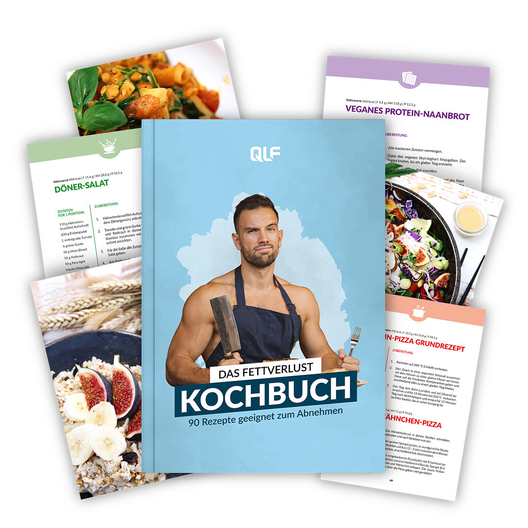 Das Fettverlust-Bündel wird in der Mitte präsentiert, mit einem muskulösen Mann, der Küchenutensilien in der Hand hält, und lebendigen Rezeptseiten - wie Salate und Brot -, die um ihn herum verteilt sind.