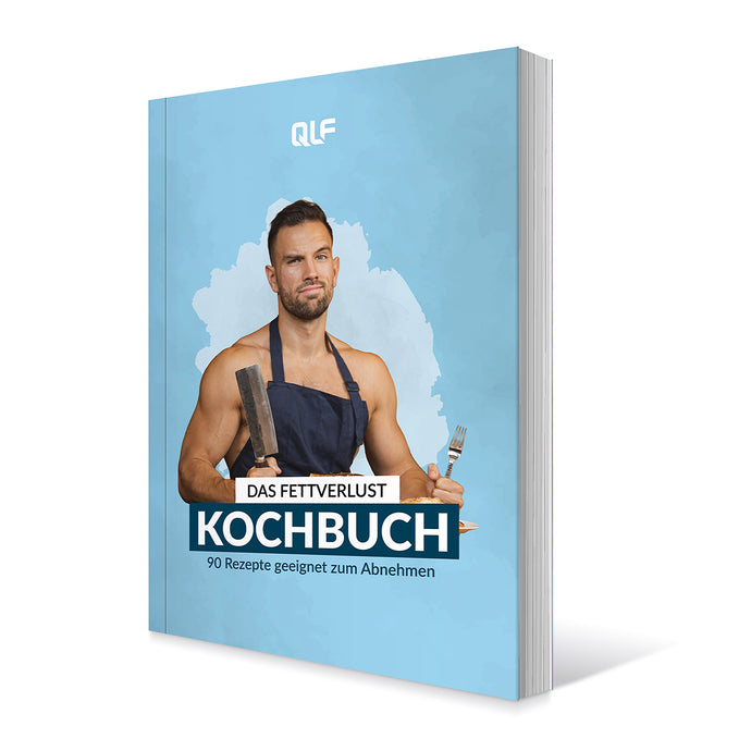 Fettverlust Fibel Kochbuch seitliche Ansicht mit Mann in Kochschürze, 90 gesunde Rezepte, Quantum Leap Fitness