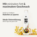 Leckeres Spray: Eine Sprühdose mit weißer Kappe und gelben Blüten, ideal für eine präzise Dosierung.