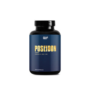 1er Poseidon supplement bottle with omega-3, vitamin D3, and K2 in dark blue packaging front view