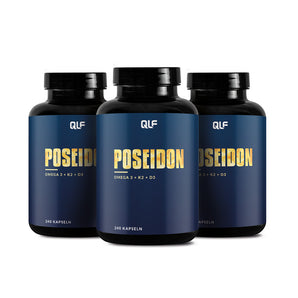 3er Poseidon multipack showing three dark blue bottles with omega-3, vitamin D3, and K2 supplement labels visible