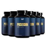 6er Poseidon supplement multipack with six dark blue bottles featuring omega-3, vitamin D3, and K2 capsules