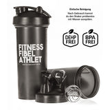 Premium Shaker in Schwarz, abgebildet mit Deckel, abnehmbarer Mischkugel und offener Kappe. Der deutsche Text besagt, dass er BPA-frei, DEHP-frei und einfach zu reinigen ist - ein hochwertiger Shaker, ideal für alle Situationen.