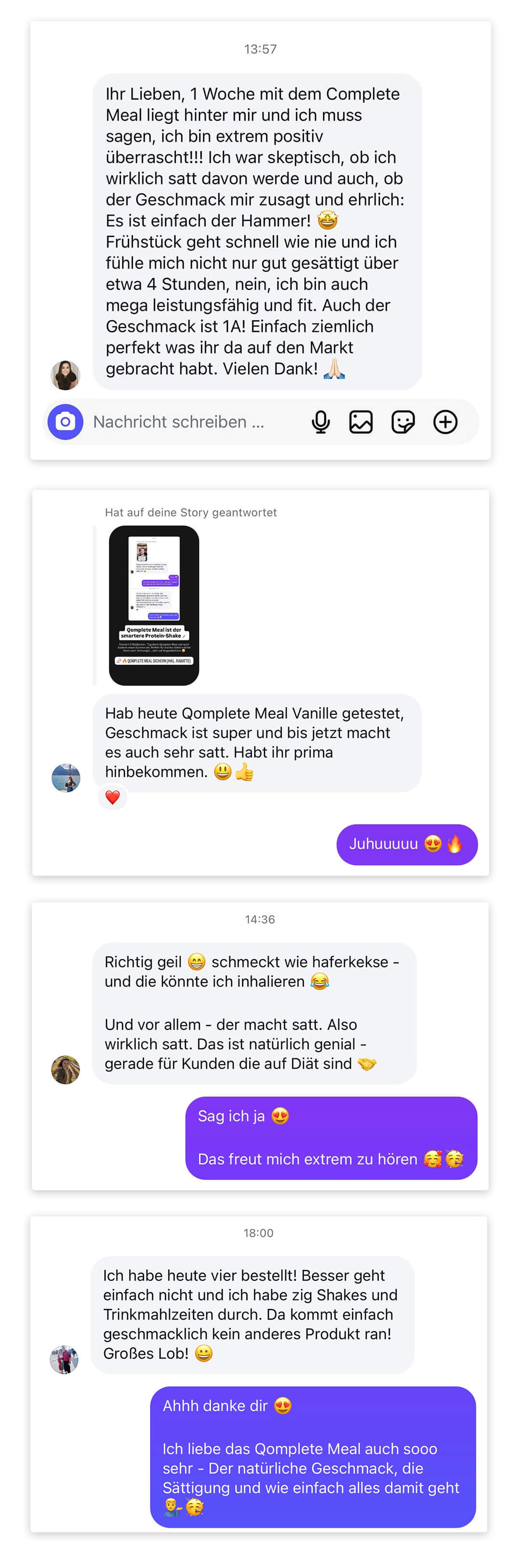 Abbildung eines Chats mit Kundenfeedback zu Proteinshakes und deren Geschmack sowie Wirkung auf die Fitness und den Stoffwechsel.