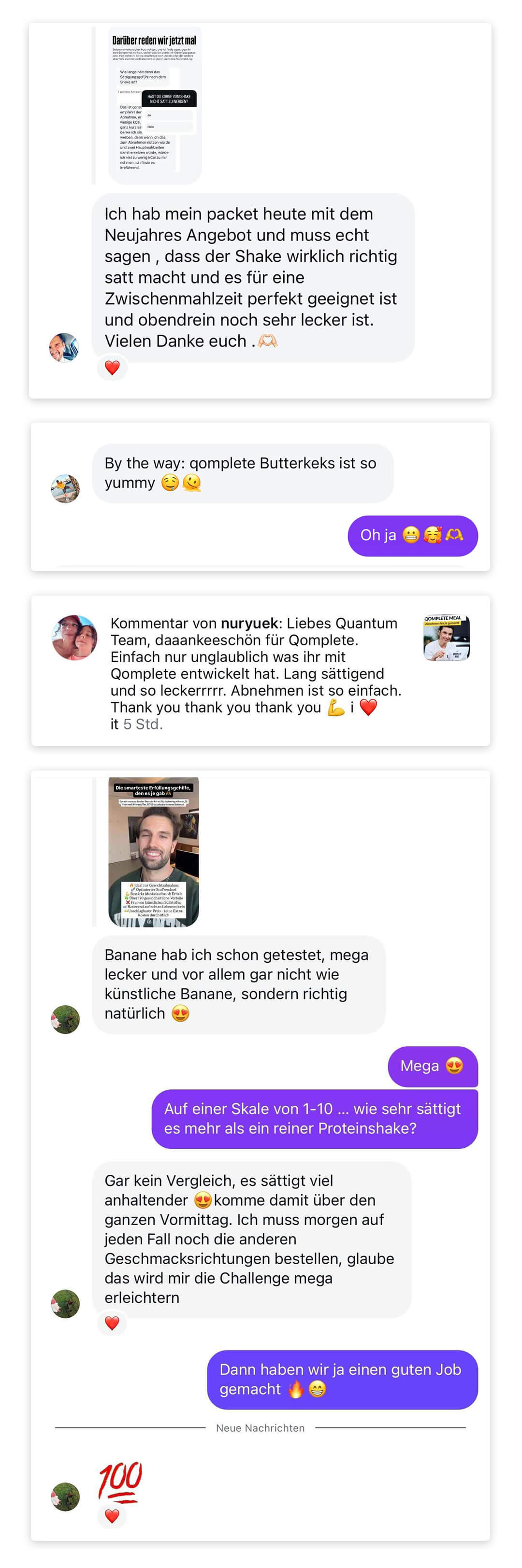 Screenshot eines Chats mit Kundenrezensionen zu Proteinpulver, Shakes und positiven Erfahrungen mit Geschmack und Wirkung