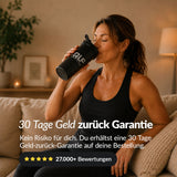 Qomplete Meal 4-Wochen Starter Set pouring creamy drink into glass highlighting expert design and satisfaction guarantee
