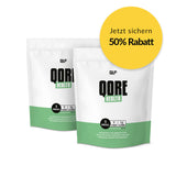 Exklusives Angebot: Qore Health (50% Rabatt) showing two white and green supplement pouches with discount badge