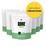 Exklusives Angebot: 6x Qore Health (3x Gratis) showing six green and white wellness supplement pouches from Quantum Leap Fitness