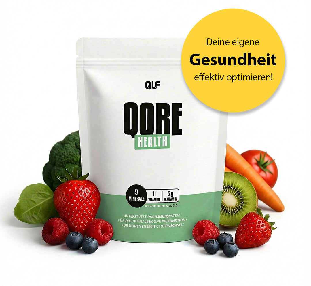 White pouch labeled QORE Health surrounded by fresh strawberries, blueberries, raspberries, kiwi, broccoli, tomato, and carrot on white background