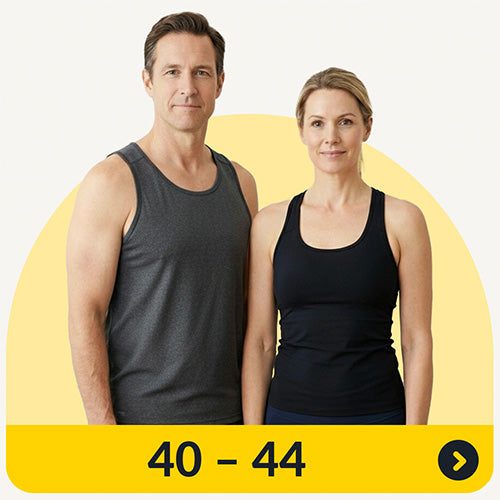 A man and woman in sleeveless athletic tops standing in front of a pale yellow background with 40 to 44 age label below