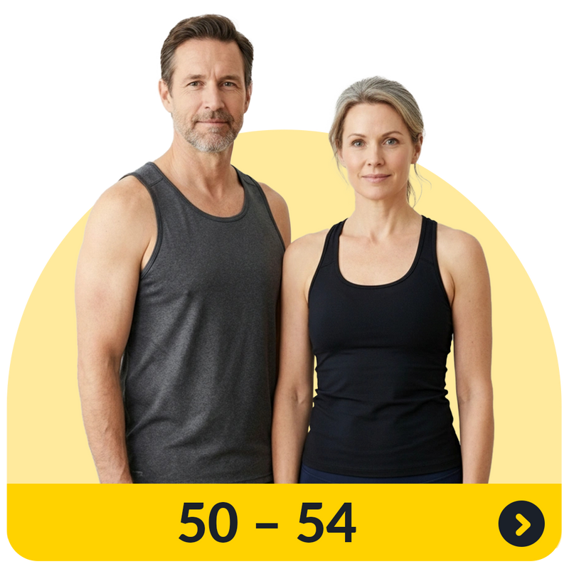 A man and woman in sleeveless tops standing in front of a pale yellow shape with age range 50 to 54 below them