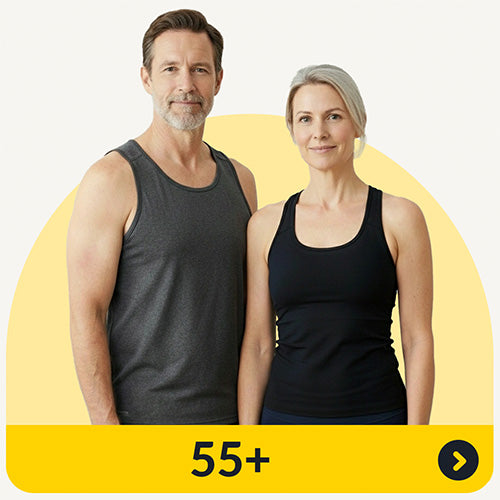 A fit man and woman in athletic tank tops standing side by side with a pale yellow background and 55+ age label below.