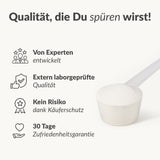 Rechts: ein Messlöffel mit weißem Rebuild-Pulver. Auf der linken Seite heben deutscher Text und Icons hervor: von Experten entwickelte, laborgeprüfte Qualität für Knochen und Knorpel, Käuferschutz und 30-Tage-Zufriedenheitsgarantie.