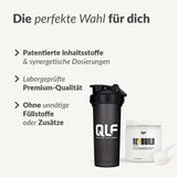 Ein schwarzer QLF-Shaker-Becher und ein weißer Rebuild-Behälter mit Schaufel; Text hebt patentierten Nährstoffkomplex hervor, Premium-Qualität, keine unnötigen Zusatzstoffe - ideal für Knochen- und Gelenkunterstützung.