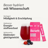 Ein Glas rotes Getränk und die rosafarbene Benefit Hydration Box mit Stick-Packs neben Beeren. Der deutsche Text hebt hervor: erfrischender Geschmack, Elektrolyte-Formel für weniger Müdigkeit und optimalen Energiehaushalt.