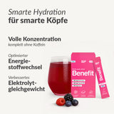 Ein Glas mit rotem Getränk, eine rosafarbene Benefit Mind-Packung, die dazugehörige Schachtel und verschiedene Beeren auf einer weißen Fläche. Der Text hebt die Vorteile von Benefit Mind in Bezug auf Flüssigkeitszufuhr, Energiestoffwechsel, Unterstützung des Gehirns mit Cognizin® und Elektrolythaushalt hervor.