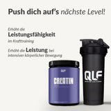 Creatin Monohydrat Dose mit Quantum Leap Fitness Logo neben schwarzem Shaker, Workout Leistung und Training sichtbar