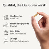 Eine Hand hält eine Female+ Kapsel, daneben Symbole und Text: Von Experten entwickelt, extern laborgeprüft, unterstützt gesunde Haut & Fettstoffwechsel, risikofrei dank Käuferschutz, 30 Tage Zufriedenheitsgarantie.