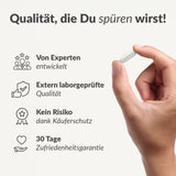 Eine Hand hält eine weiße Magnesium-Kapsel. Links: "Qualität, die Du spüren wirst!" mit Icons und Stichpunkten: Hoch bioverfügbares Magnesium-Bisglycinat, von Experten entwickelt, extern laborgeprüft, 30 Tage Zufriedenheitsgarantie.