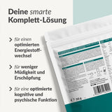 Qore Health packaging side view with nutritional facts and German text highlighting metabolism and cognitive benefits