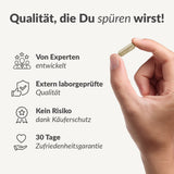 Eine Hand hält eine Reverse-Kapsel neben dem Text: Qualität, die Du spürst! Von Experten entwickelt, extern laborgeprüft, Käuferschutz & 30 Tage Zufriedenheitsgarantie.