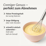 Eine Schüssel mit High Protein Tasty Pudding und einem Schneebesen. Text: "Cremiger Genuss - perfekt zum Abnehmen & Muskelaufbau. Viel Eiweiß, langanhaltende Sättigung, blitzschnell zubereitet.
