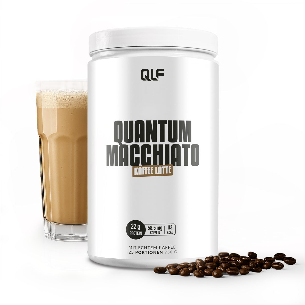Other (blog post, manually uploaded) zeigt Proteinpulver Quantum Macchiato Kaffee Latte mit Kaffee und Bohnen – Supplements, die wirken.