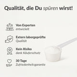Eine weiße Schaufel mit Pulver steht auf einem hellen Hintergrund. Auf der linken Seite weisen Icons mit deutschem Text auf die wissenschaftliche Formel von Solid Gut, die im Labor getestete Qualität, den Käuferschutz und die 30-Tage-Zufriedenheitsgarantie hin.