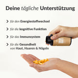 Eine Hand hält die gelben Multivitaminkapseln von Solid Multi, während weitere aus der Flasche geschüttet werden. Der deutsche Text hebt die Vorteile für den Energiestoffwechsel, die kognitive Funktion, die Immunabwehr und gesunde Haut, Haare und Nägel hervor.
