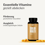 Eine Dose mit der Aufschrift Solid Multi mit gelben Kapseln in der Nähe. Der Text hebt die Vorteile hervor: essenzielle Vitamine, natürliche Quellen, Coenzym Q10, unterstützt die ganzheitliche Gesundheit und hilft, Ernährungsdefizite auszugleichen.