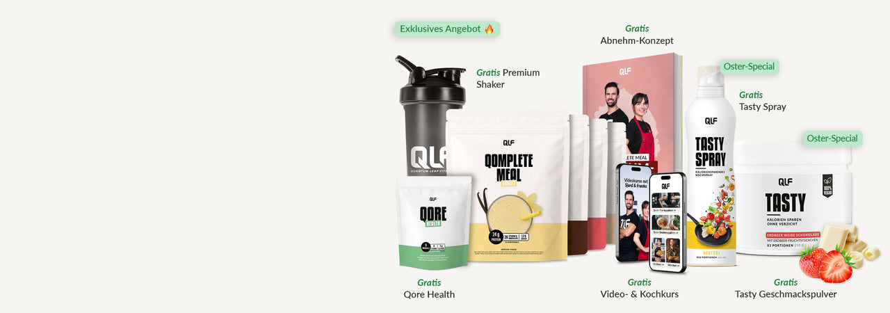 Shaker, Qore Health Pulver und Tasty Spray mit Videoanleitung und Geschenkpaket in hellem Layout vor weißem Hintergrund