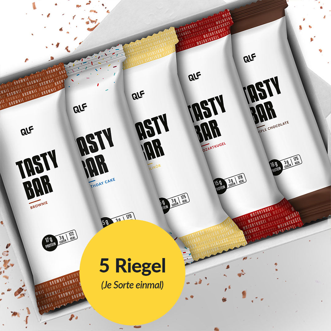 Tasty Bar Proteinriegel Probierbox mit fünf verschiedenen Sorten, elegant verpackt und übersichtlich präsentiert, Galerie 1