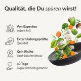 Frisches Gemüse wie Brokkoli, Karotten, Champignons und Grünzeug, das aus der Pfanne fliegt. "Tasty Spray" bietet präzise Dosierung mit Rapsöl Spray, laborgeprüfte Qualität, Käuferschutz und 30 Tage Zufriedenheitsgarantie.