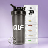 Probierbox Tasty Whey, 5 x 30g inkl. Gratis-Shaker mit verschiedenen Proteinpulvergeschmacksrichtungen und Metallmischkugel
